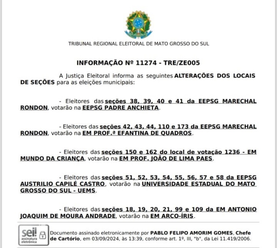 Center altera o em alguns locais de vota o em nova andradina