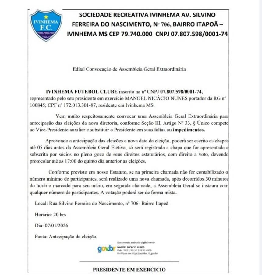 Center elei o no time do ivinhema dia 27 12